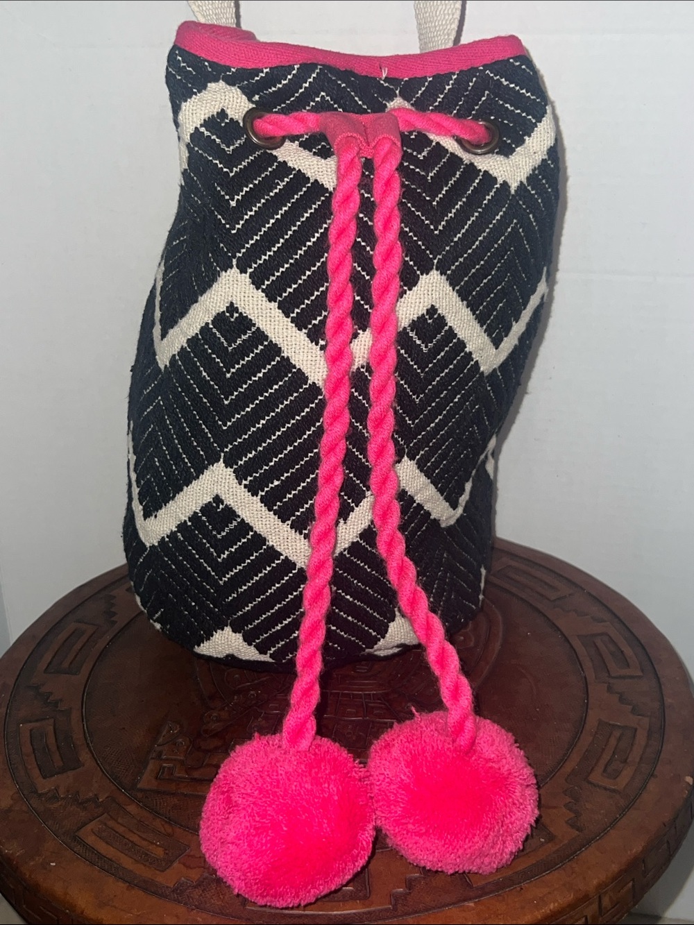 Boho Wayuu Tribe Style Chevron Drawstring Bag with Hot Pink Pom Pom Accents